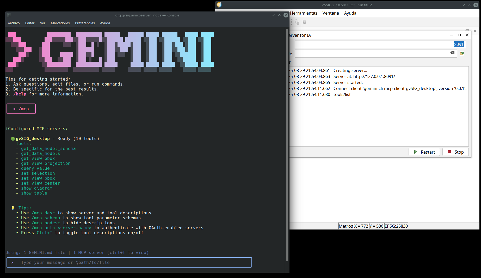 Muestra dos ventanas, una con gemini-cli y otra con la aplicacion gvSIG desktop. En la aplicacion gvSIG desktop se ve como gemini se ha conectado. En la consola se ha ejecutado el comando "/mcp" y muestra a que herramientas de la aplicacion tiene acceso