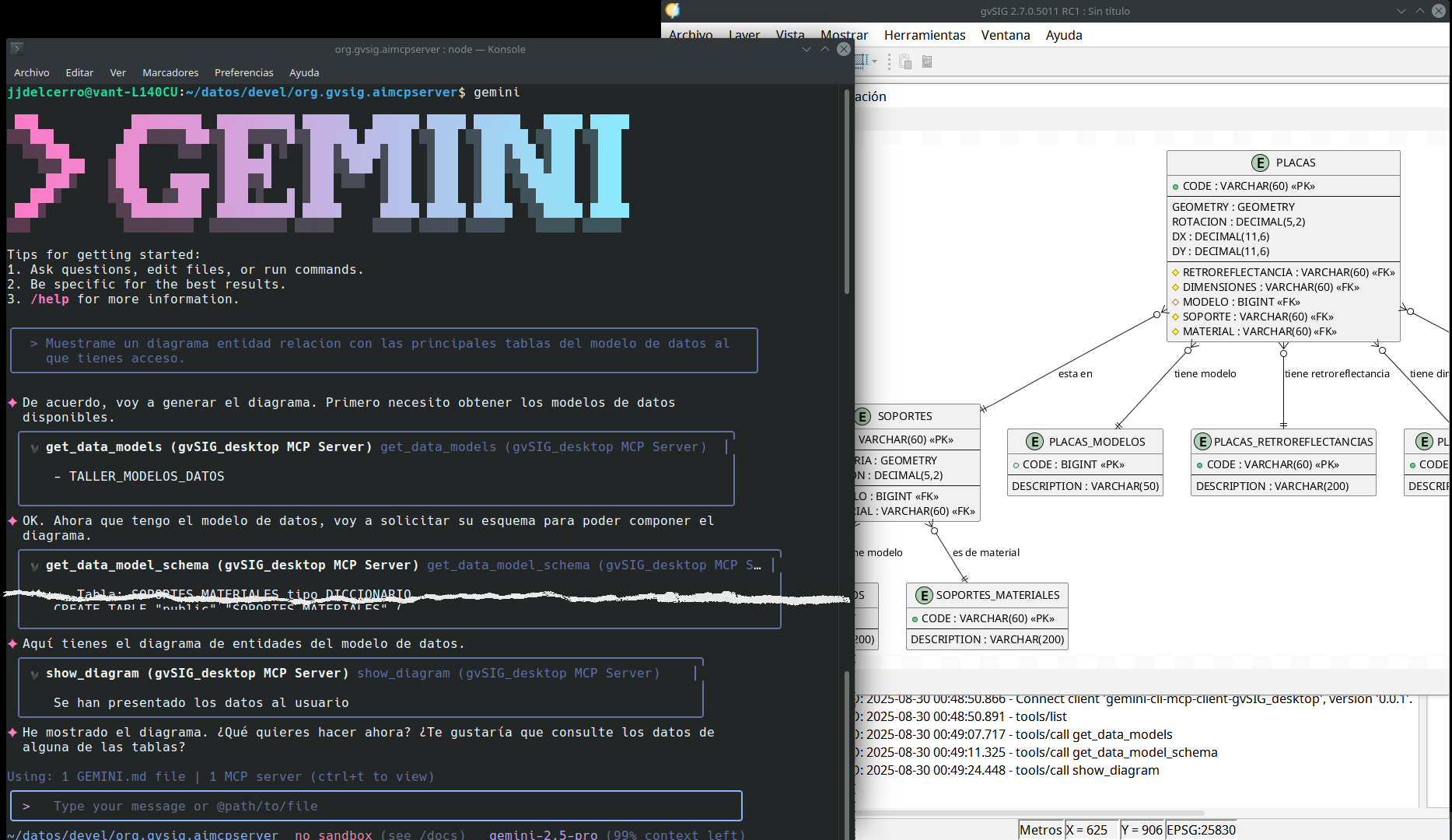 Muestra dos ventanas, una con gemini-cli y otra con la aplicacion gvSIG desktop. El usuario ha solicitado que se muestren los soportes de acero. El LLM interpreta la peticion y acaba mostransolo en una ventana de la aplicacion