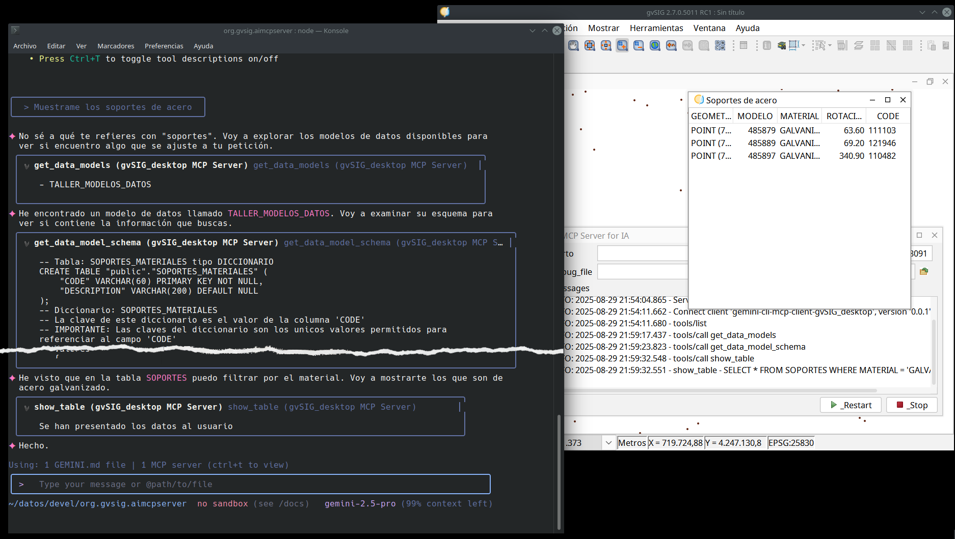 Muestra dos ventanas, una con gemini-cli y otra con la aplicacion gvSIG desktop. El usuario ha solicitado que se muestren los soportes de acero. El LLM interpreta la peticion y acaba mostransolo en una ventana de la aplicacion