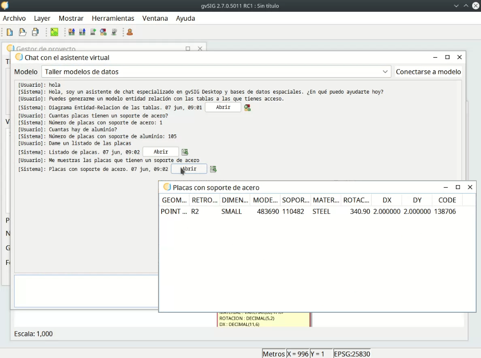 Visualización de los resultados de una consulta SQL en una tabla dentro de gvSIG