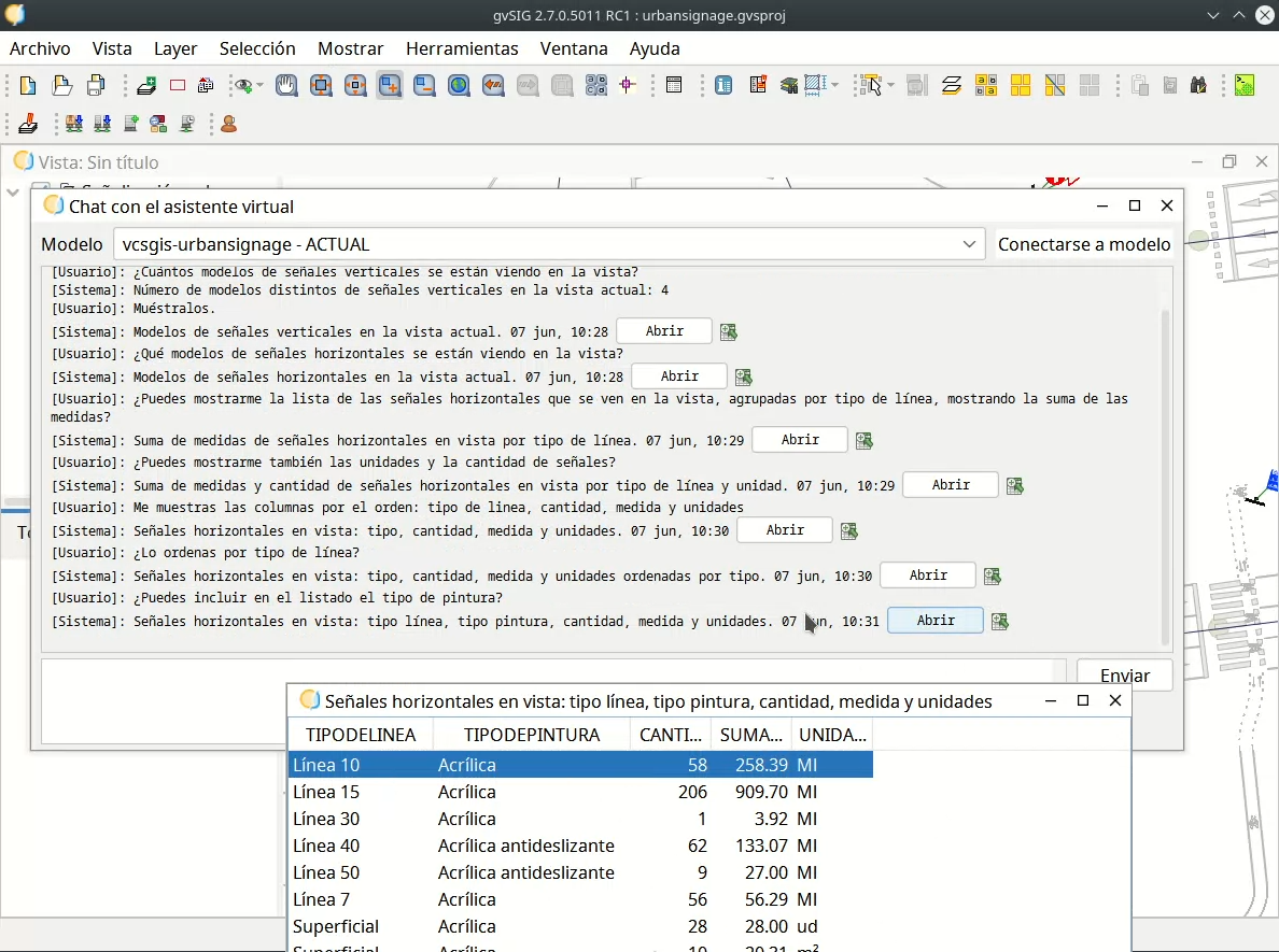 Una conversación de varios turnos donde un usuario refina una consulta sobre señales horizontales, pidiendo agrupaciones, sumas y ordenaciones, hasta obtener la tabla de datos deseada.